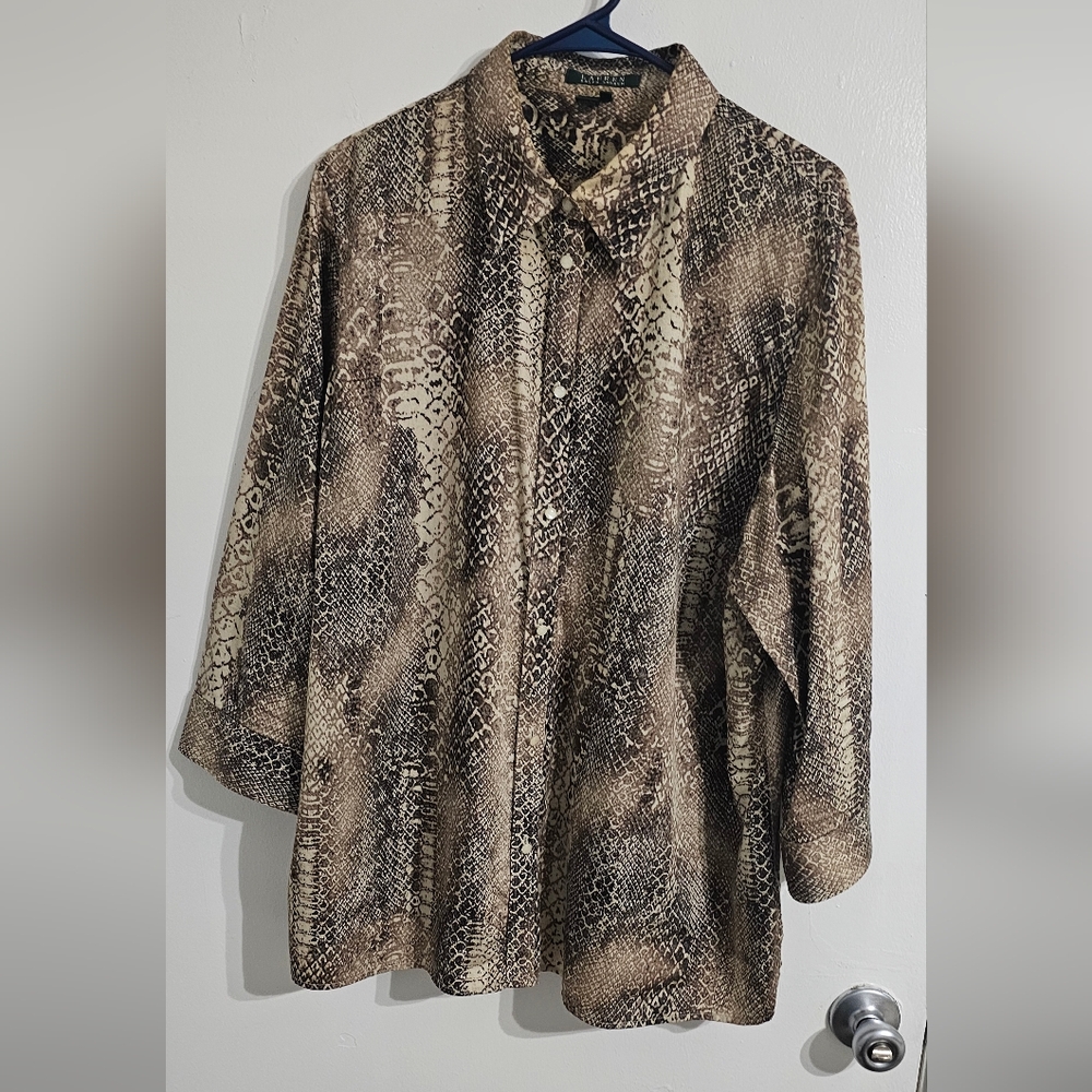 Lauren Ralph Lauren Women's Snake‎ Print Shirt Button Front 2X Brown Boho Chic